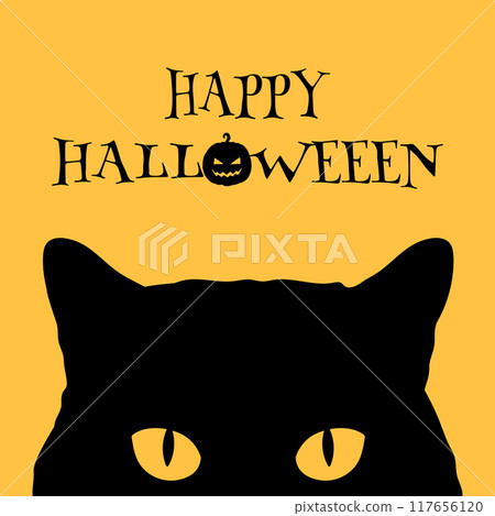 Halloween greeting card with peeking black cat silhouette. Vector illustration 117656120