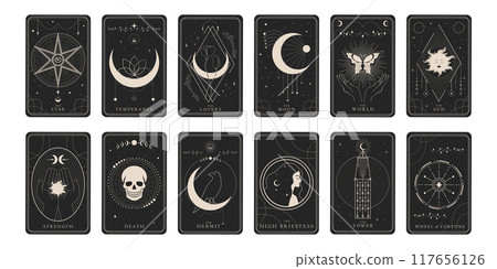 Magical tarot cards design set of Major Arcana symbols. Tarot symbolism. Mystery, astrology, alchemy. Vector illustration 117656126