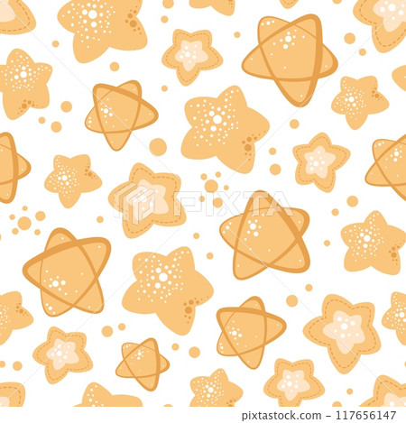 Seamless pattern with golden Christmas stars. Vector holiday texture in flat style. Suitable for wallpaper, wrapping paper, fabric, etc 117656147