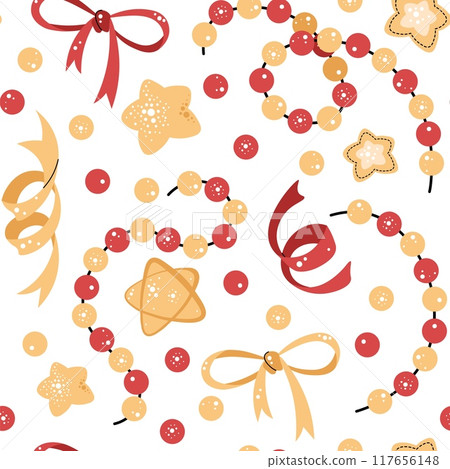 Seamless pattern with Christmas garland, stars and bows. Vector holiday texture in flat style. Suitable for wallpaper, wrapping paper, fabric, etc 117656148