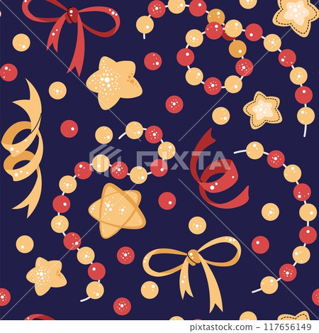 Seamless pattern with Christmas garland, stars and bows. Vector holiday texture in flat style. Suitable for wallpaper, wrapping paper, fabric, etc 117656149