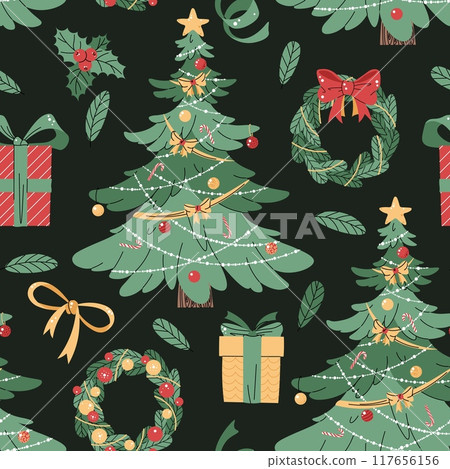 Seamless pattern with Christmas tree, wreath and gifts. Vector holiday texture in flat style. Merry Christmas and Happy New Year. Suitable for wallpaper, wrapping paper, fabric, etc. Seamless pattern with Christmas tree, wreath and gifts. Vector holiday texture in flat style. Merry Christmas and Happy New Year. Suitable for wallpaper, wrapping paper, fabric, etc. 117656156