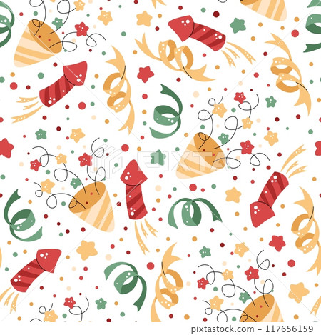 Seamless pattern with Christmas crackers, confetti and decorations. Vector festive texture in flat style. Suitable for wallpaper, wrapping paper, fabric, etc Seamless pattern with Christmas crackers, confetti and decorations. Vector festive texture in flat style. Suitable for wallpaper, wrapping paper, fabric, etc 117656159