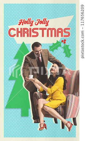 Festive couple enjoying Holly Jolly Christmas with vintage style and cozy vibes. Retro design. Contemporary art collage. 117656209
