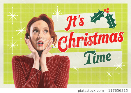 Beautiful elegant woman expressing shock and excitement about upcoming Christmas holiday celebration. Contemporary art collage. 117656215