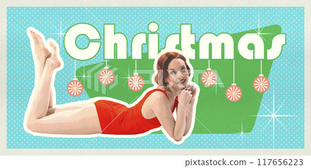 Playful Christmas spirit with retro vibe. Red-haired woman in bright swimsuit, holiday ornaments, and cheerful vibes. Contemporary art collage. 117656223