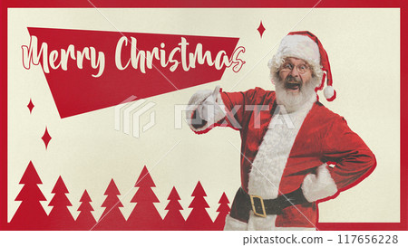 Jolly Santa Claus spreading Christmas cheer with a thumbs-up. Festive greeting with red trees and vintage style. Contemporary art collage. 117656228