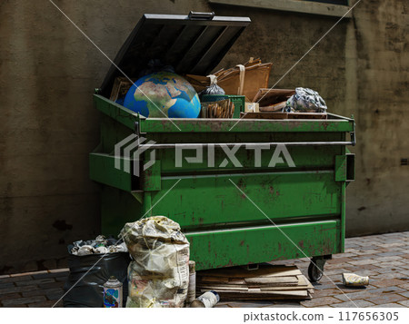 Earth globe in big dumpster with domestic trashes and wastes Earth globe in big dumpster with domestic trashes and wastes 117656305