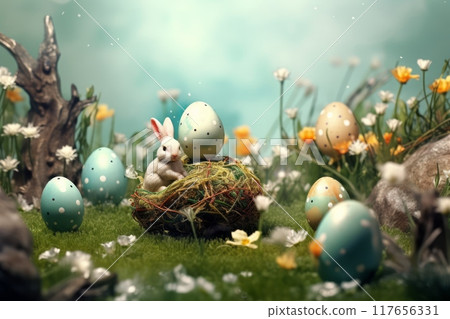 Happy Easter day, colorful eggs and daisy flower on meadow under beautiful sky. Small white bunny. Generated AI 117656331