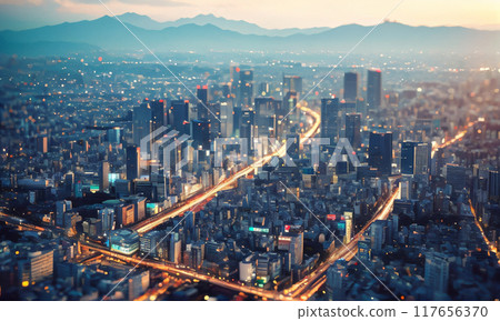 Evening view of the city shrouded in fog 117656370