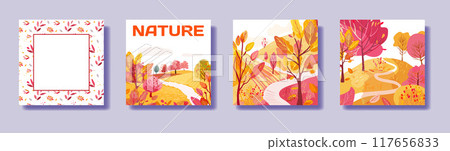 Set square poster with autumn park, Hand drawn. plants., Frame with seamless pattern. Print on Print, notebook or book cover. Postcard, poster or wallpapers. Vector 117656833