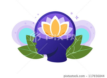A vector illustration featuring a head silhouette with a lotus flower and surrounding leaves, representing inner harmony and mindfulness. Perfect for wellness, mental health, and spirituality themes. 117656844