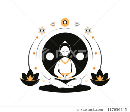 A peaceful vector illustration of Buddha meditating with a yin-yang symbol and lotus flowers. Perfect for designs focused on balance, spirituality, and mindfulness. 117656845
