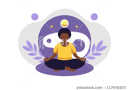 A calming vector illustration of diverse individuals meditating in a lotus pose, surrounded by the yin-yang symbol and leaves. Perfect for themes of yoga, harmony, and mindfulness. 117656855