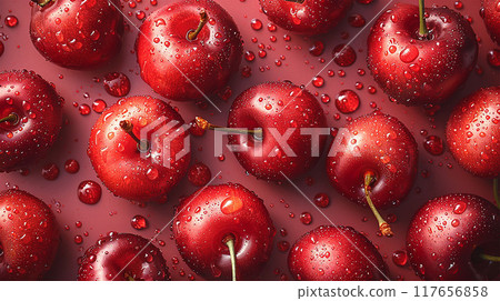 Cherry berries on the red background with wet cherry with  and drops. 117656858