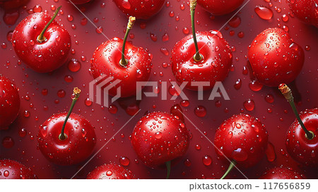 Cherry berries on the red background with wet cherry with  and drops. 117656859