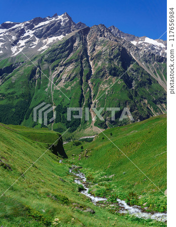 mountain landscape, stream in green highland valley with snowy peak in background mountain landscape, stream in green highland valley with snowy peak in background 117656984
