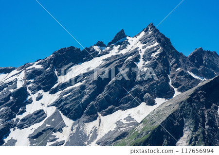 mountain landscape, view of sharp rock peak with snowfields and glaciers mountain landscape, view of sharp rock peak with snowfields and glaciers 117656994
