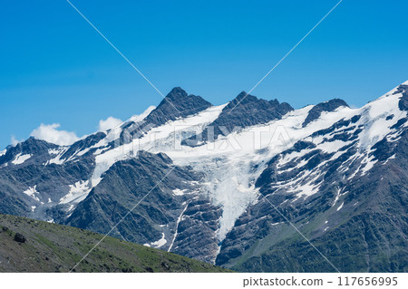 mountain landscape, view of sharp rock peaks with snowfields and glaciers mountain landscape, view of sharp rock peaks with snowfields and glaciers 117656995