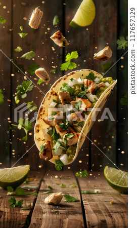 Capture the vibrant flavors of a Mexican street taco featuring grilled chicken, topped with fresh cilantro, diced onions, and salsa verde. The taco is artistically floating in mid-air, with lime 117657129