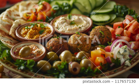 Close-up image of a falafel street platter with assorted dips (hummus, tzatziki, baba ganoush), pita bread, olives, and fresh vegetables, elegantly arranged on a Mediterranean-inspired platter 117657130