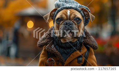 English Bulldog as a fashionable trendsetter in city environments. Visualize this charismatic dog strutting confidently along city streets, dressed in stylish outfits or accessorized with trendy English Bulldog as a fashionable trendsetter in city environments. Visualize this charismatic dog strutting confidently along city streets, dressed in stylish outfits or accessorized with trendy 117657165