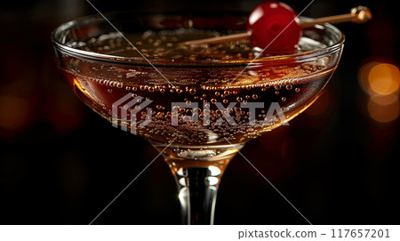 Manhattan cocktail, featuring a sophisticated mix of rye whiskey, vermouth, Angostura bitters, and cherry bitters 117657201
