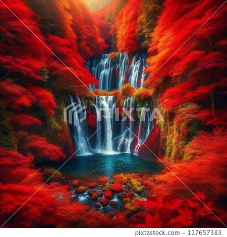 Scenery of a waterfall flowing among autumn leaves 117657383
