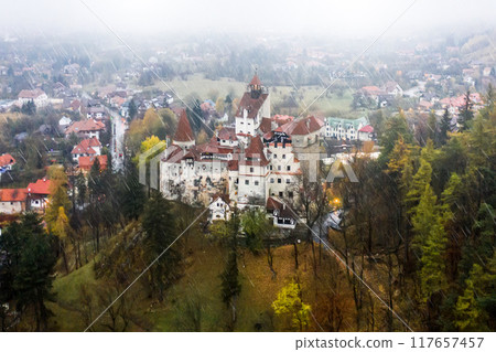 Aerial view of Dracula's Castle in the rain 117657457