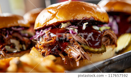 Close-up image of slow-cooked BBQ pulled pork sandwiches with coleslaw, pickles, and BBQ sauce on brioche buns, elegantly presented on a metal tray 117657592