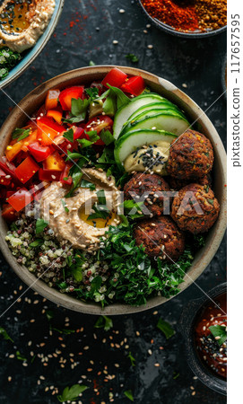 Close-up image of vegan falafel bowls with quinoa tabbouleh, hummus, tahini sauce, roasted vegetables, and a sprinkle of za'atar seasoning, beautifully presented in eco-friendly bowls 117657595