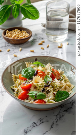 Experience a modern gourmet presentation of Caprese Farfalle Salad, elegantly combining Farfalle pasta with juicy cherry tomatoes, fresh mozzarella balls, and aromatic basil pesto 117657606