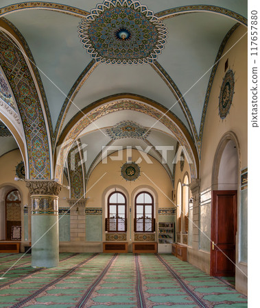 Interior View of Icherisheher Juma Mosque in Baku, Azerbaijan, With Distinctive Arches and Colorful Decorations 117657880