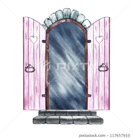Vintage open double-leaf door. A pink arched wooden door framed by brick and stone steps. A watercolor illustration made by hand. Highlight it. A design element for home, children's games, postcards. 117657910