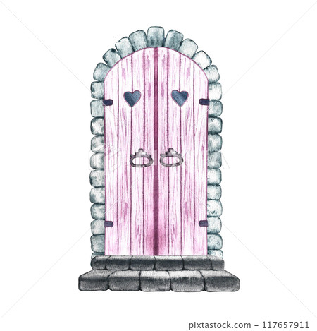 Vintage door. A pink arched wooden door framed by brick and stone steps. A watercolor illustration made by hand. Highlight it. A design element for home, children's games, postcards and decor. 117657911