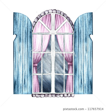 Vintage window. An arched window framed in brick, with blue shutters and a white glazed frame and pink curtains. A watercolor illustration made by hand. Highlight it. A design element. 117657914
