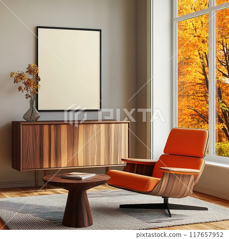 Empty Frame Mockup, Wall Art Template Blank Poster Print Artwork Product Placement, Mid-Century Home Interior 117657952