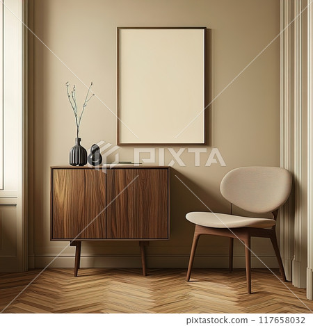 Empty Frame Mockup, Wall Art Template Blank Poster Print Artwork Product Placement, Mid-Century Home Interior 117658032