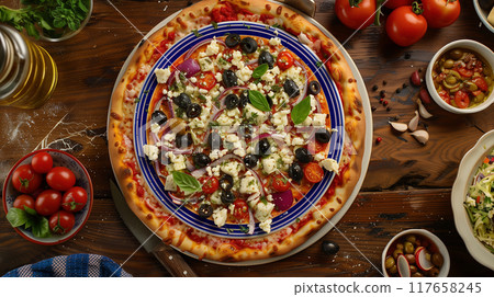 Hot pizza with fte cheese, olives, red onion, tomatoes and peppers 117658245