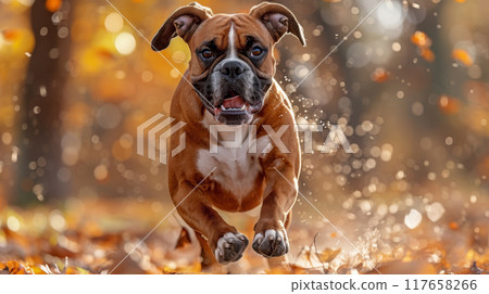 Enter the dynamic world of sports and athleticism with a Boxer engaged in various energetic activities. Visualize this agile and powerful dog participating in agility courses, running alongside its 117658266