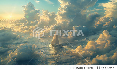 a lone yacht sailing across a horizon filled with expansive, fluffy clouds. The yacht is positioned off-center, appearing small and isolated against the vast expanse of the cloudy sky 117658267