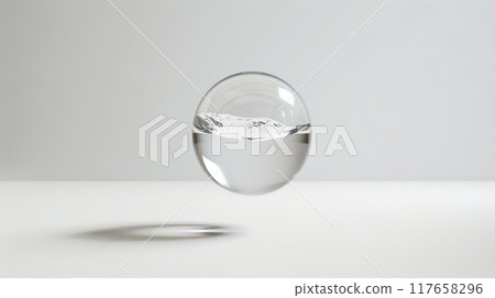 a single water droplet suspended in mid-air, delicately balanced against a pristine white background. The droplet is crystal clear, refracting light to reveal subtle colors and reflections within its 117658296