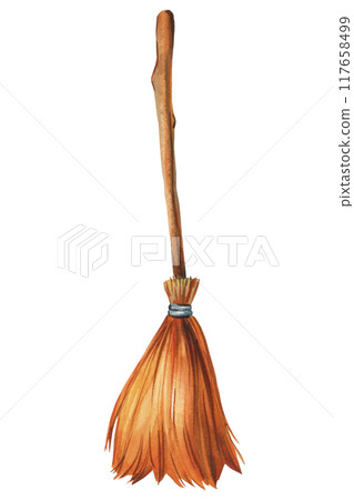 Magic broom watercolor, Old witches broom isolated on white background. Halloween watercolor illustration, hand drawing 117658499