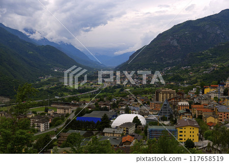 Panorama of the Val Aosta Alps from the town of Saint Vincent 117658519