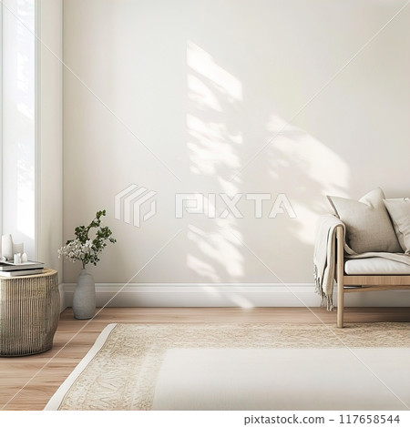 A Minimalist Living Room that Maximizes Natural Light Alongside Soft and Inviting Textures Empty Wall Mockup 117658544