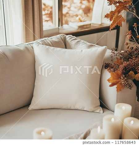 A Cozy Living Room featuring Neutral Cushions and a Beautiful Candle Ambiance for Comfort White Square Pillow Mockup A Cozy Living Room featuring Neutral Cushions and a Beautiful Candle Ambiance for Comfort White Square Pillow Mockup 117658643