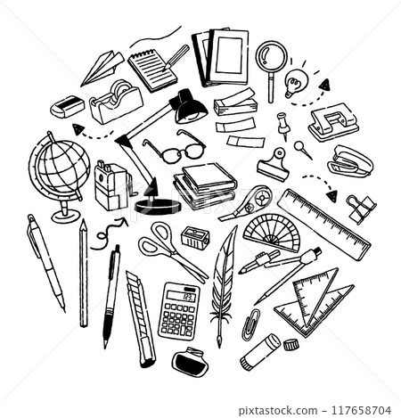 Stationery image icon circle hand-drawn black and white line drawing 117658704