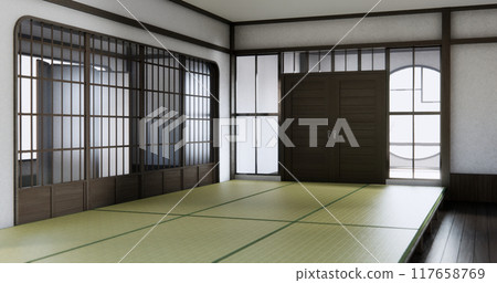 Modern japan room wooden floor and shelf wood on wall design. 117658769