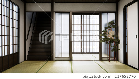 Modern japan room wooden floor and shelf wood on wall design. 117658770