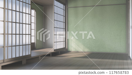 Wabisabi style living interior Green japanese room. 117658783